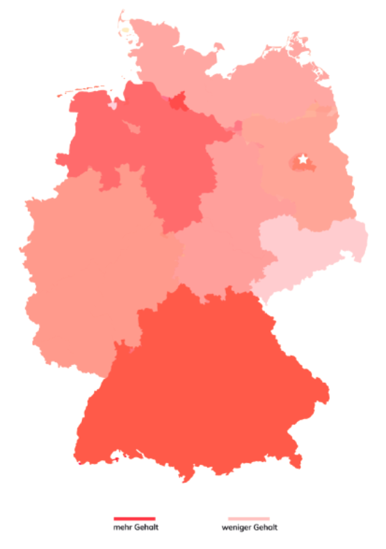 Eine Deutschlandkarte nach Regionen aufgeschlüsselt zeigt die Gehaltsunterschiede innerhalb Deutschlands an. Besonders herausstechen Bayern, Baden-Württemberg, Niedersachsen und Hamburg.